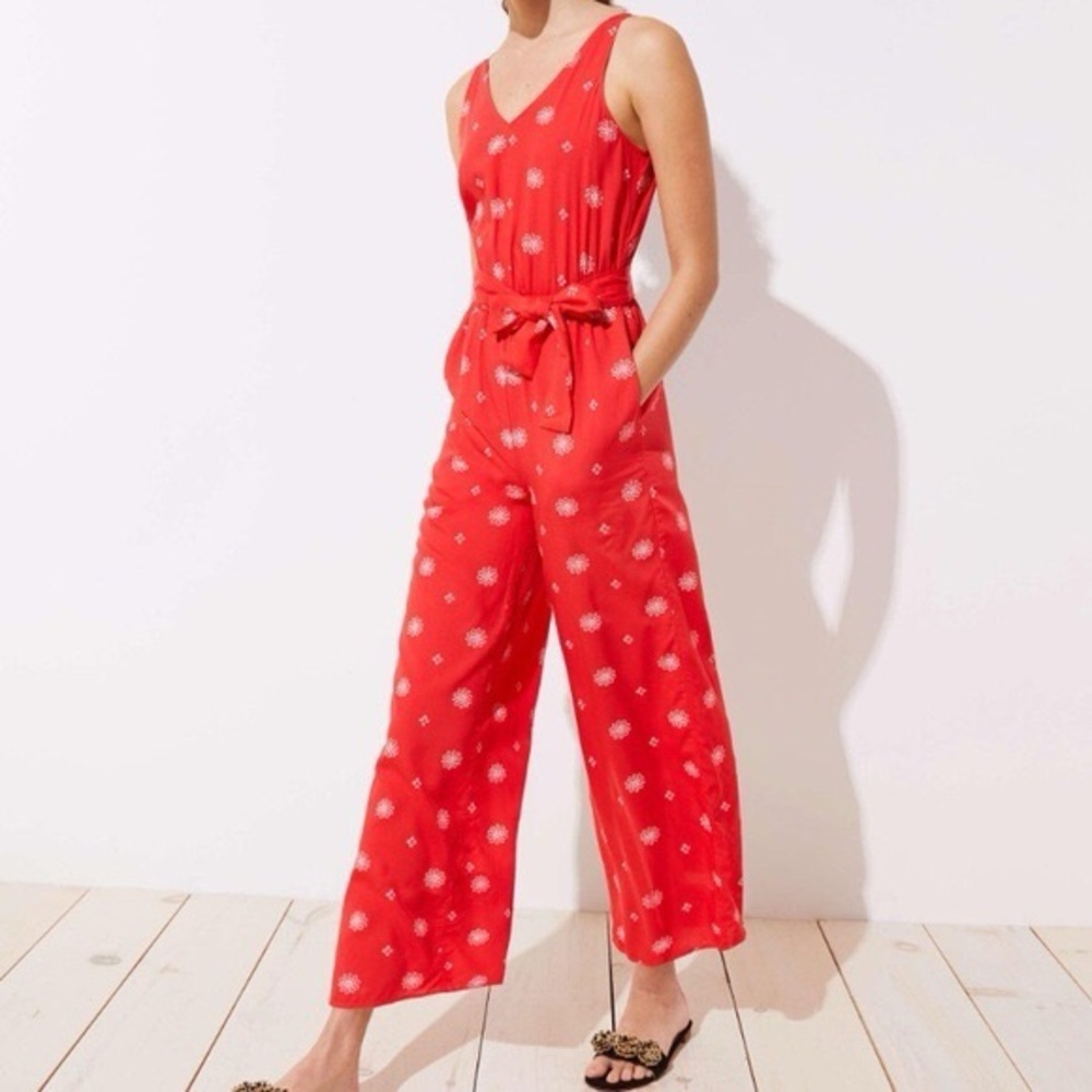 LOFT Red Floral Wide Leg Sleeveless Jumpsuit Size 6